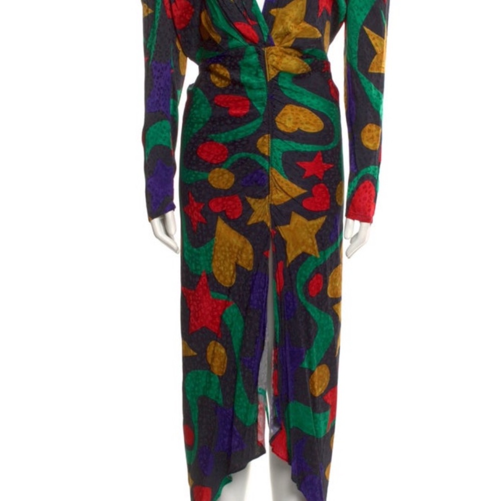 Ronny Kobo Red Green Sheath Dress Plunge Neckline Long Cuffed Sleeves